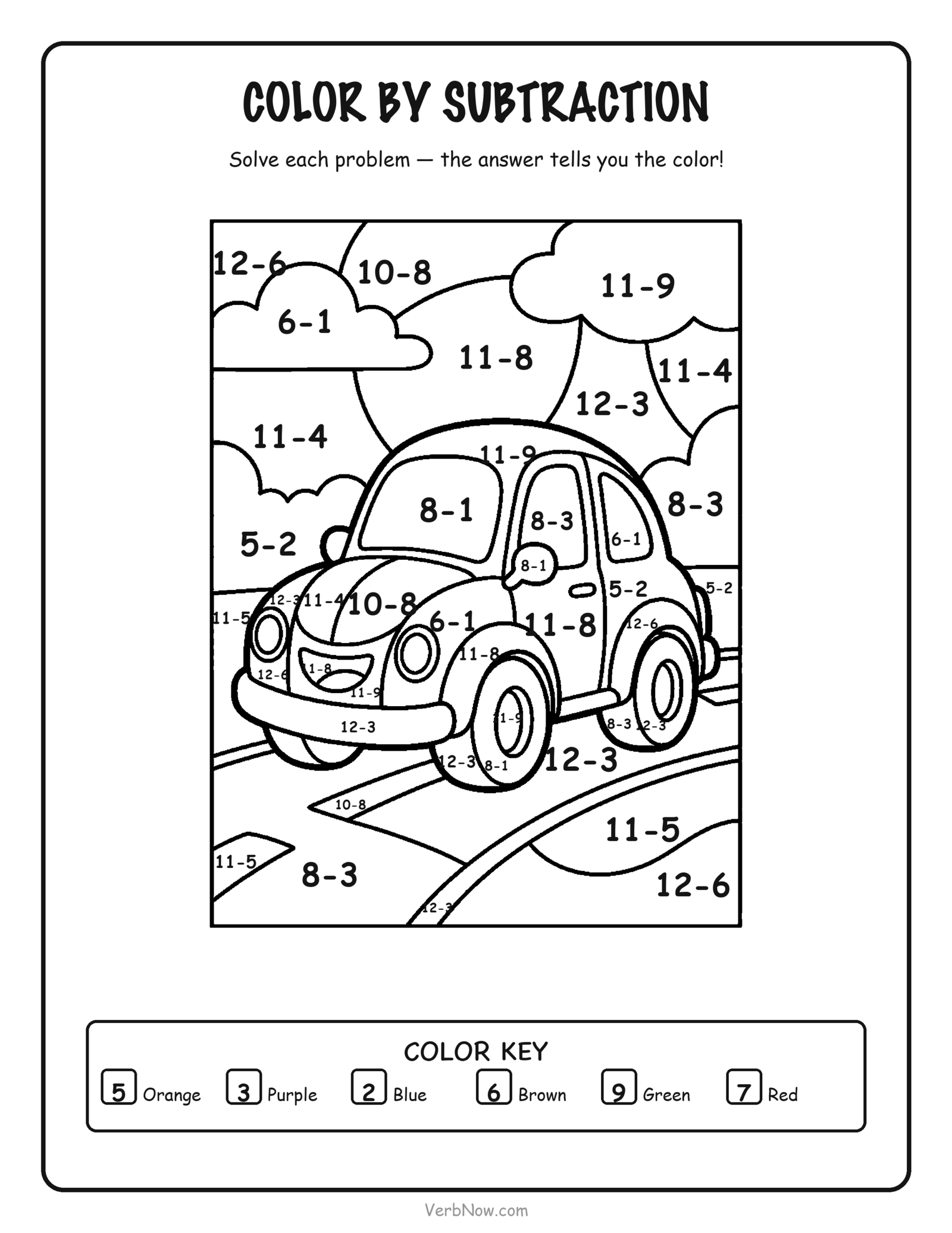 56 Free Math Coloring Pages (Addition, Subtraction & Multiplication) Color by subtraction coloring page of a cartoon car with big sections, subtraction problems and a color key