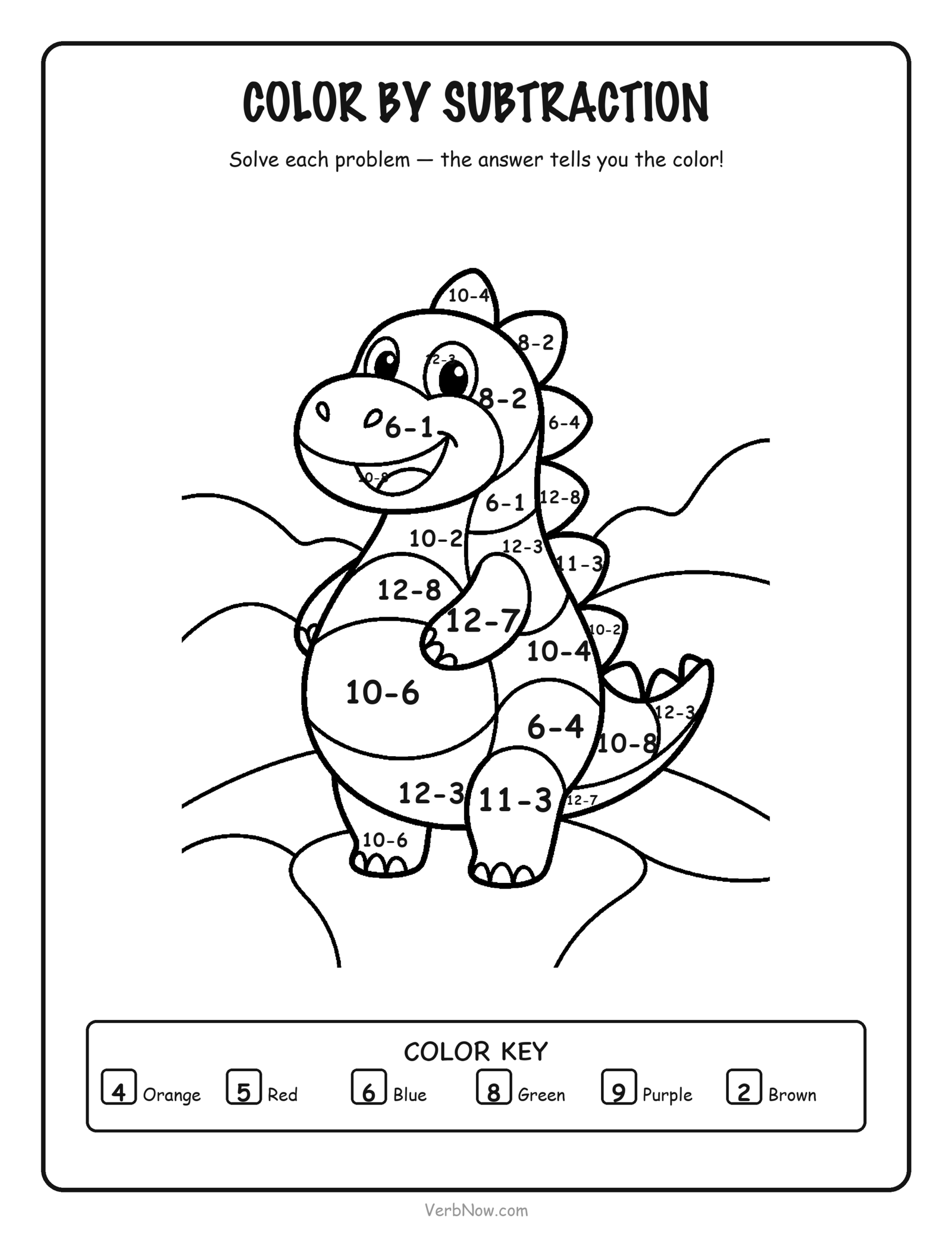 56 Free Math Coloring Pages (Addition, Subtraction & Multiplication) Color by subtraction coloring page of a smiling dinosaur with large sections, subtraction problems and a color key