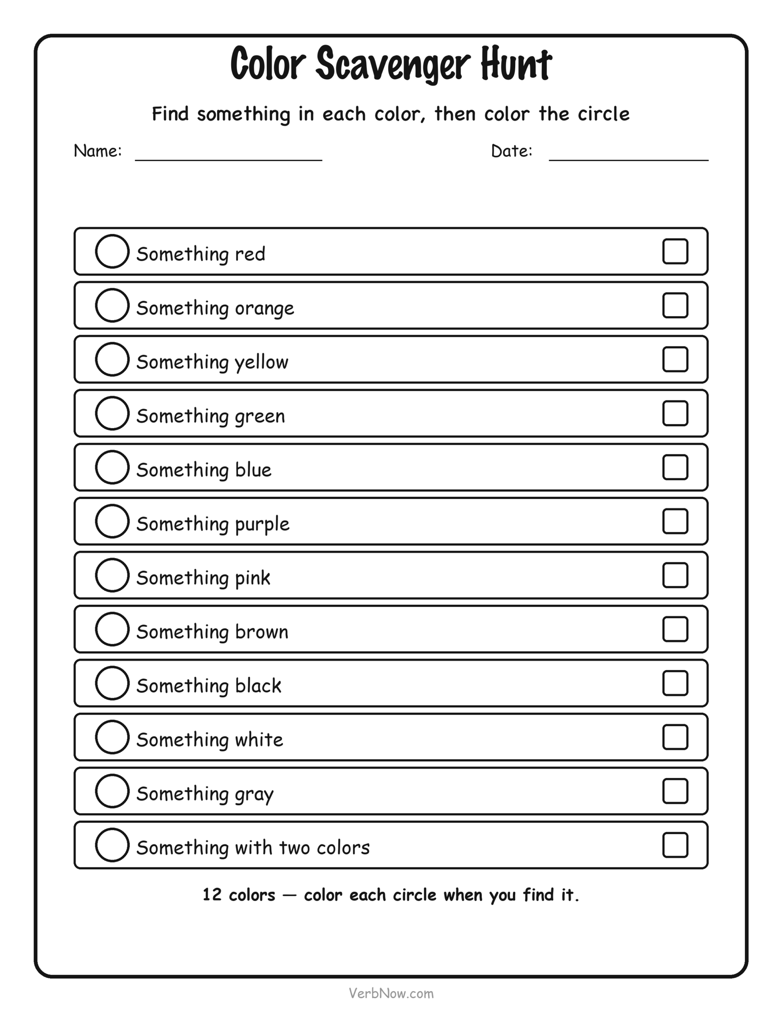 Free printable color scavenger hunt with 12 colors and a circle to color in for each one