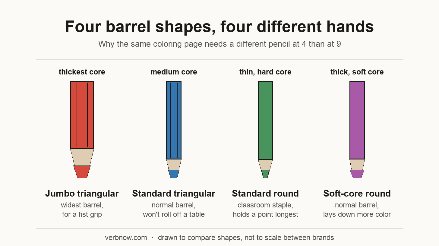Best Colored Pencils for Kids (What Actually Matters by Age) Four colored pencil barrel shapes compared side by side: jumbo triangular, standard triangular, standard round, and soft-core round
