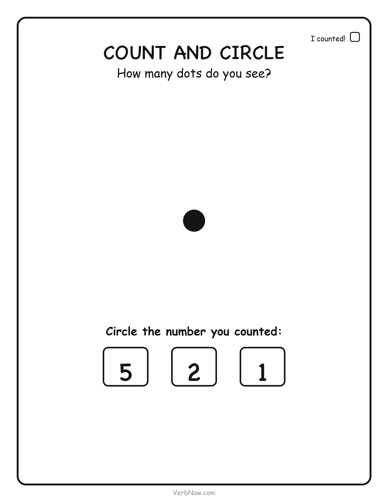 Counting worksheet: count 1 dot and circle the number 1, free printable for preschool