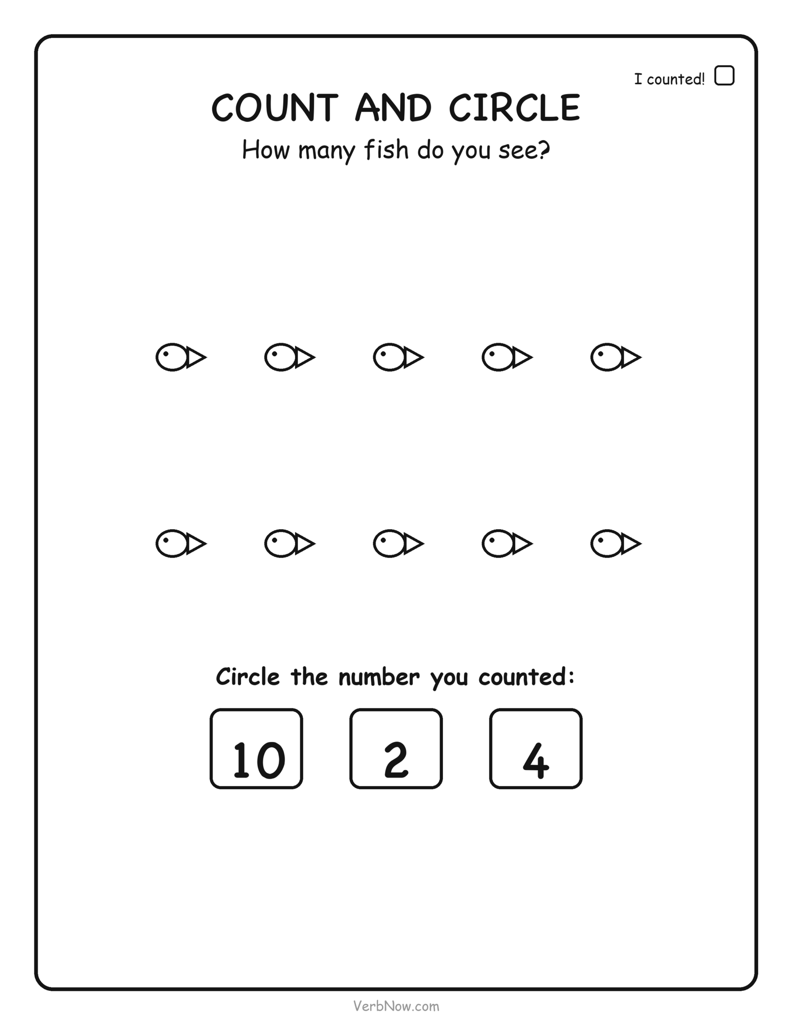 Counting worksheet: count 10 fish and circle the number 10, free printable for preschool