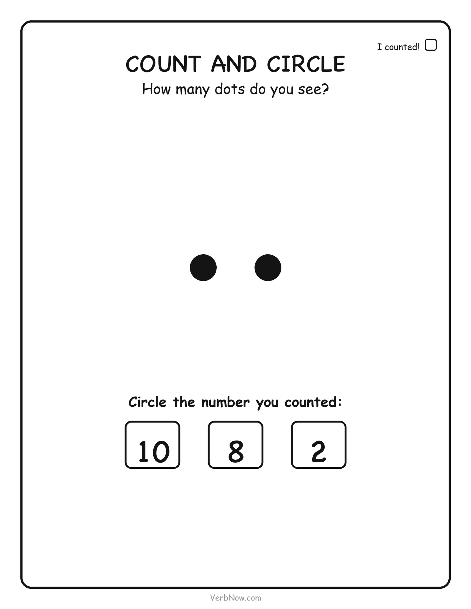 Counting worksheet: count 2 dots and circle the number 2, free printable for preschool