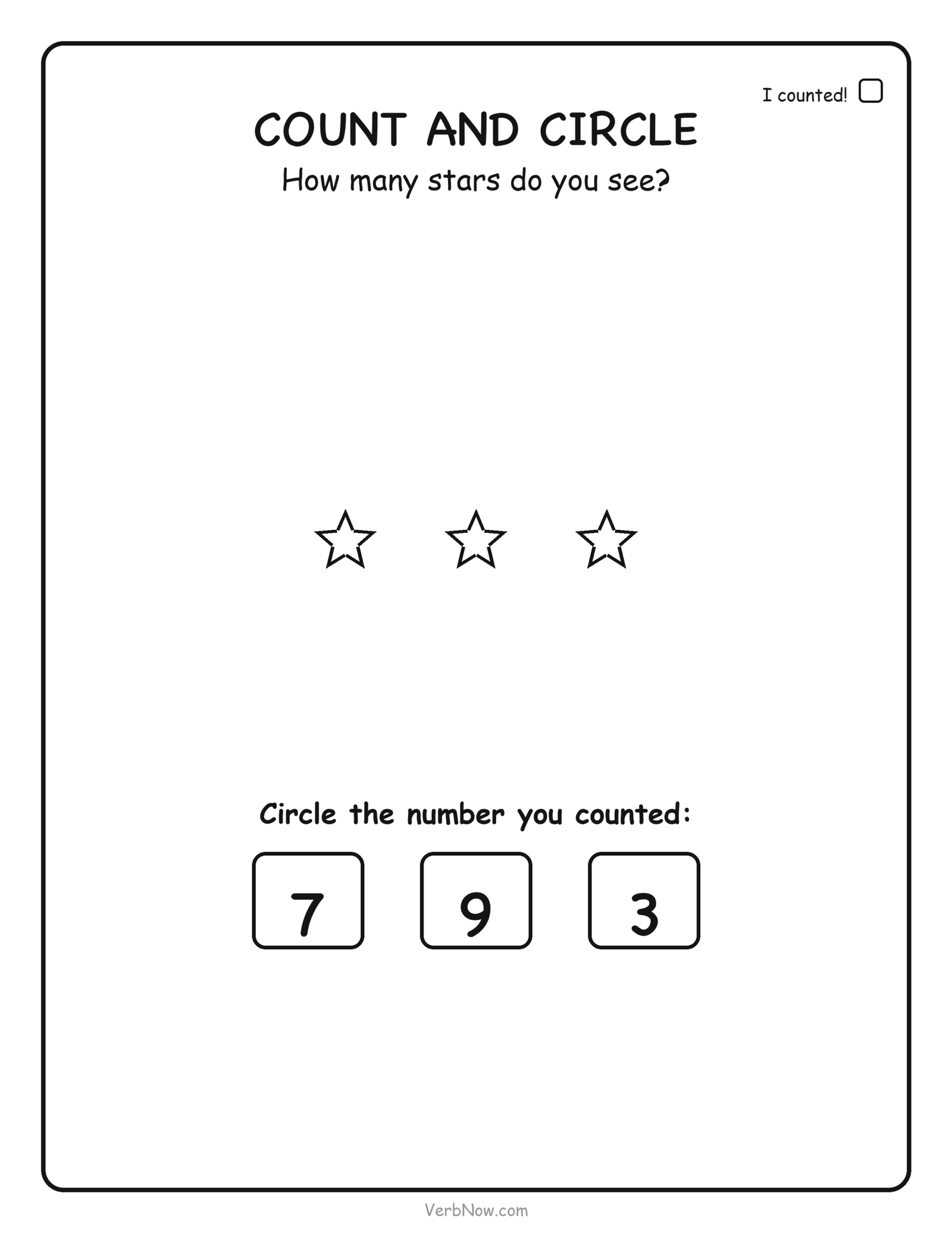 Counting worksheet: count 3 stars and circle the number 3, free printable for preschool