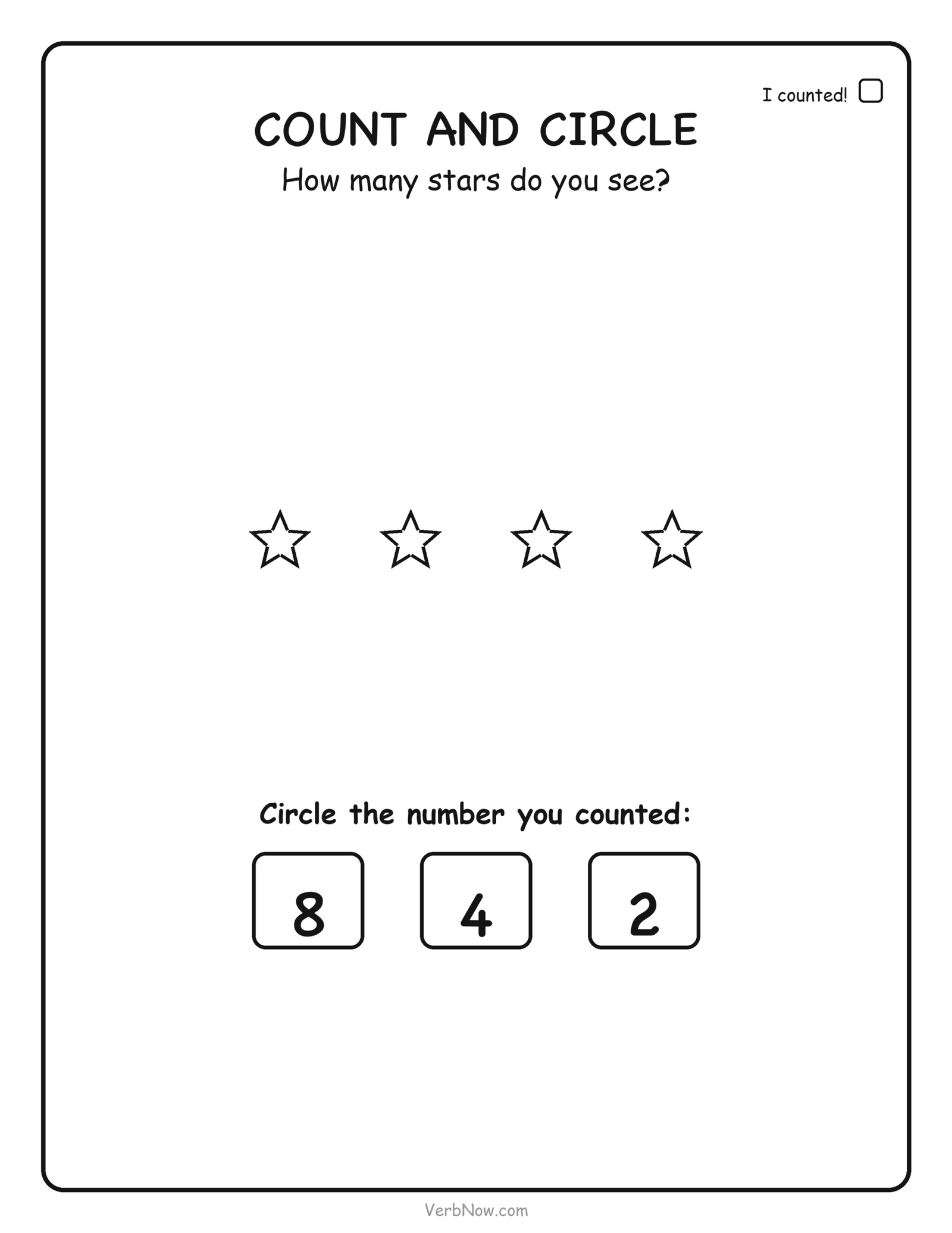 Counting worksheet: count 4 stars and circle the number 4, free printable for preschool