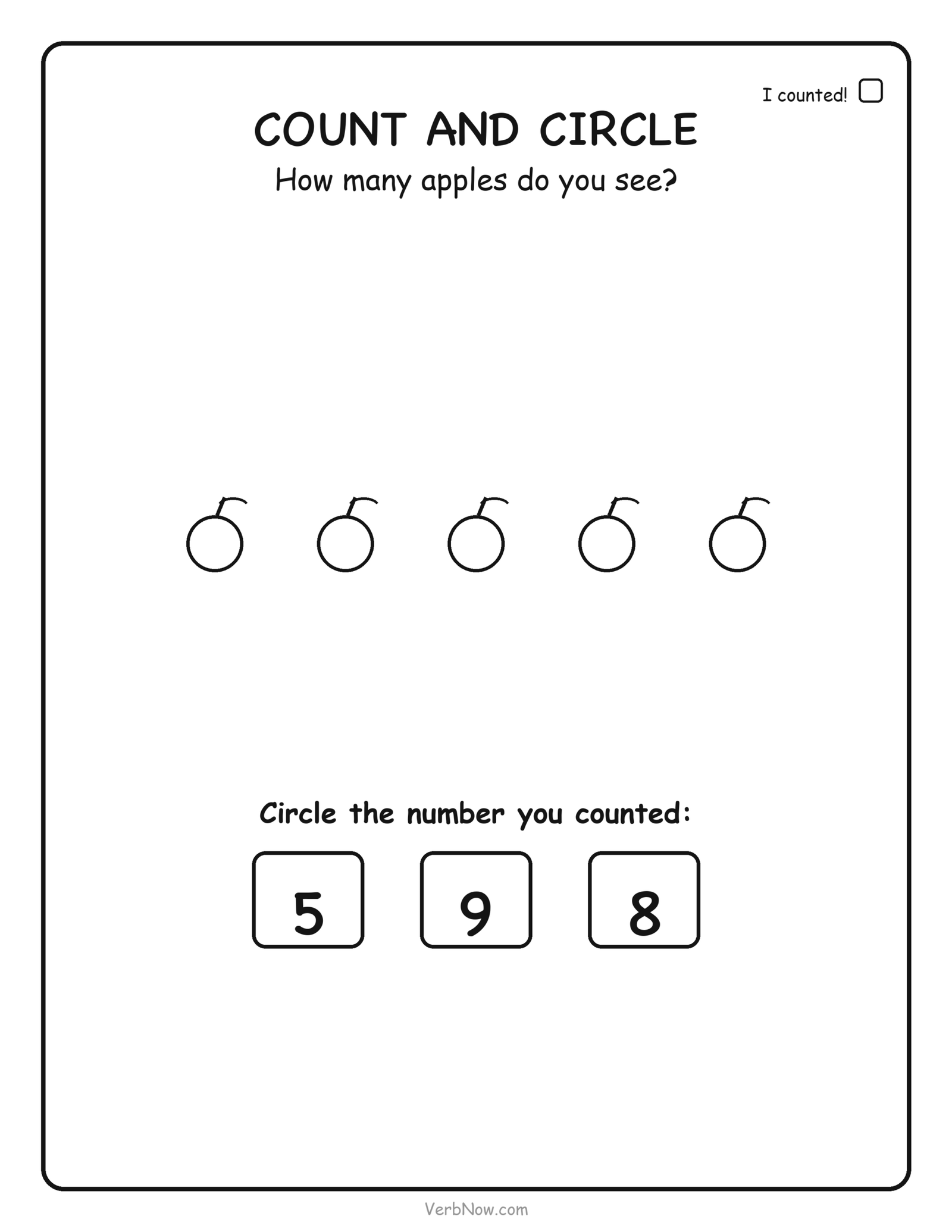 Counting worksheet: count 5 apples and circle the number 5, free printable for preschool