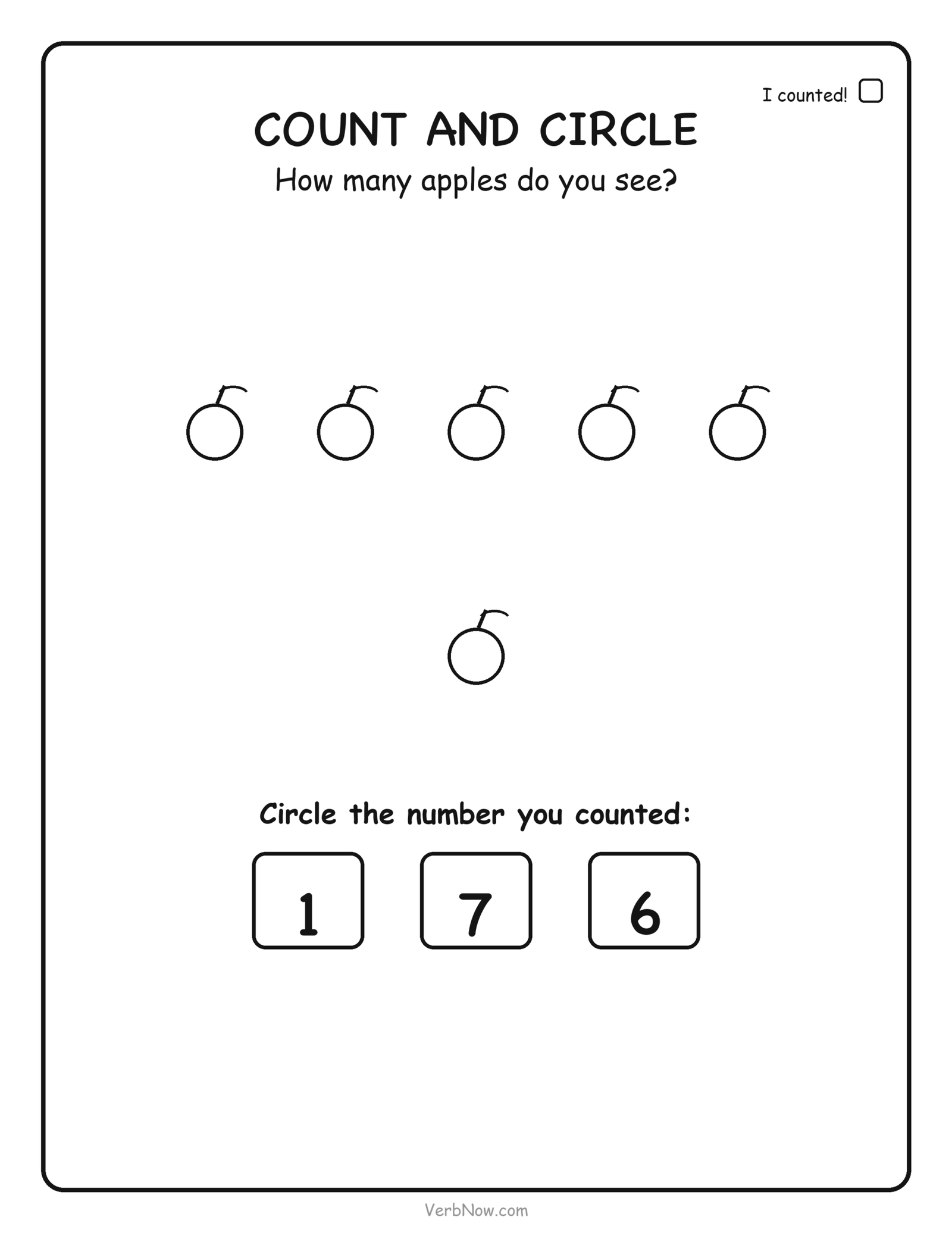 Counting worksheet: count 6 apples and circle the number 6, free printable for preschool