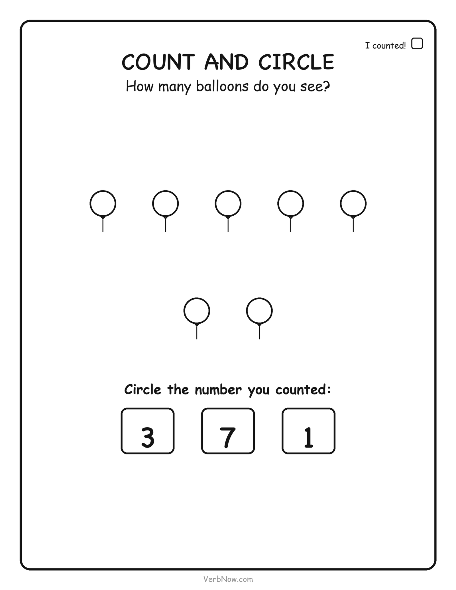 Counting worksheet: count 7 balloons and circle the number 7, free printable for preschool