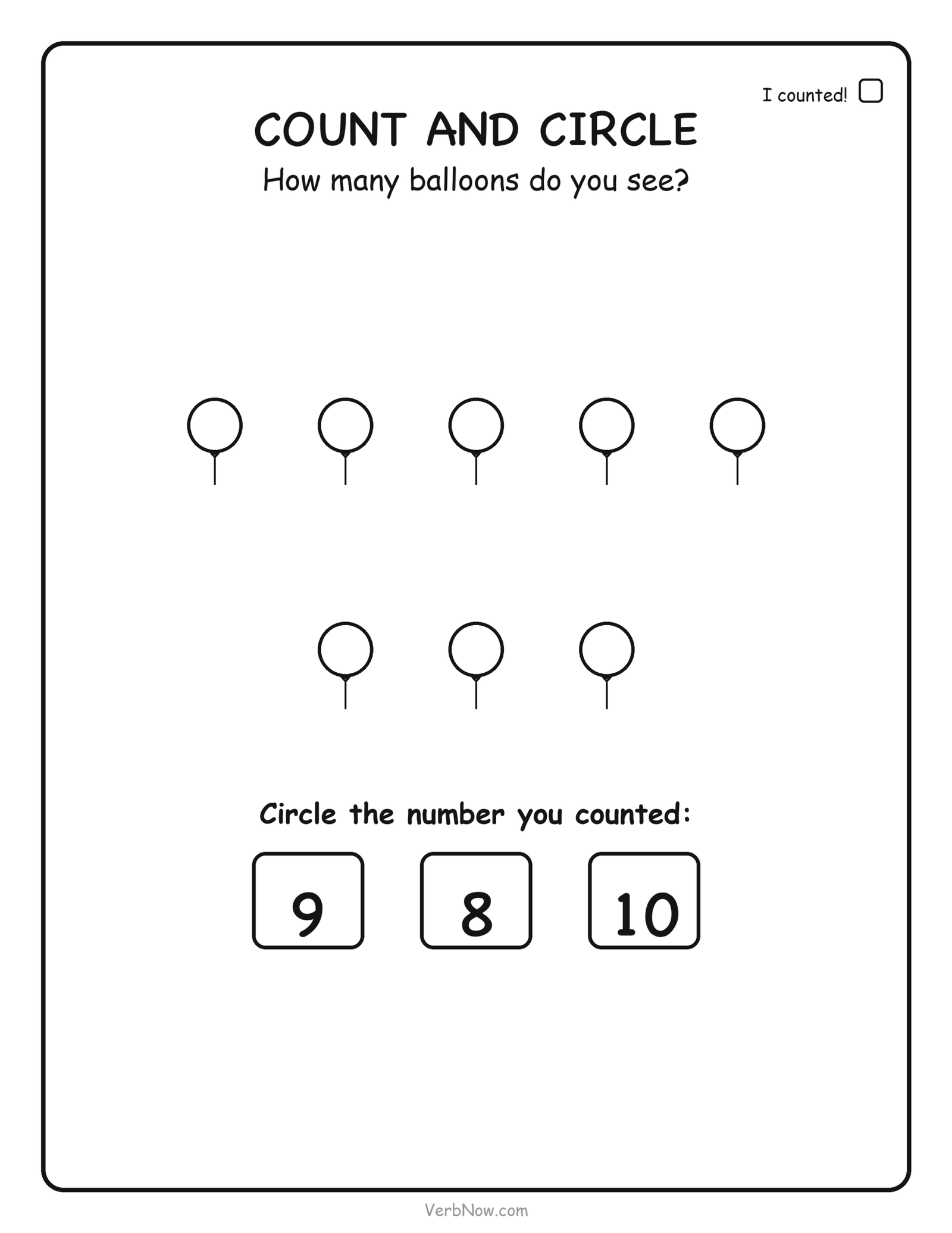 Counting worksheet: count 8 balloons and circle the number 8, free printable for preschool