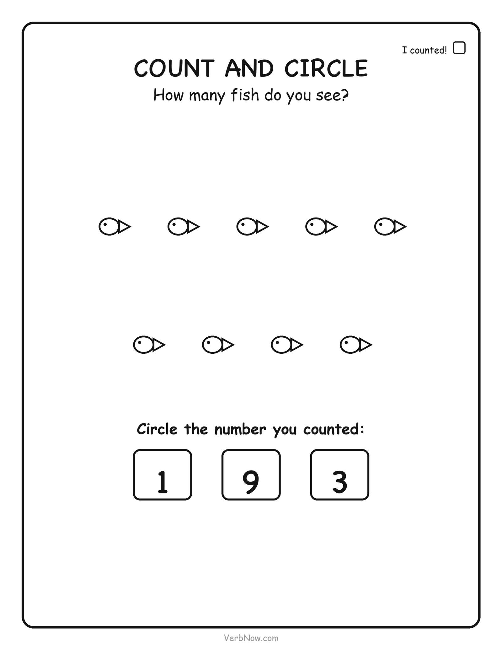 Counting worksheet: count 9 fish and circle the number 9, free printable for preschool