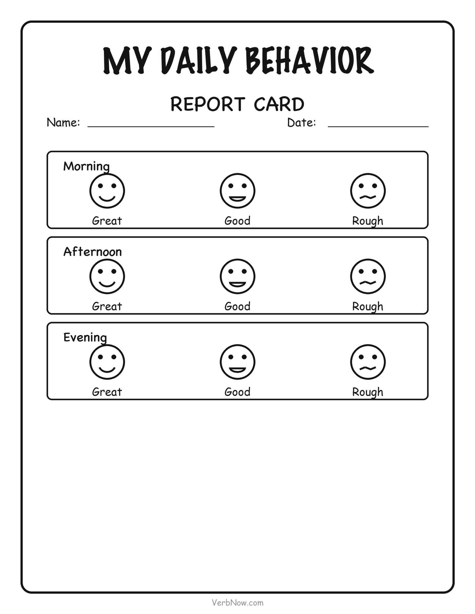 Daily behavior report card with morning afternoon and evening face rating, free printable