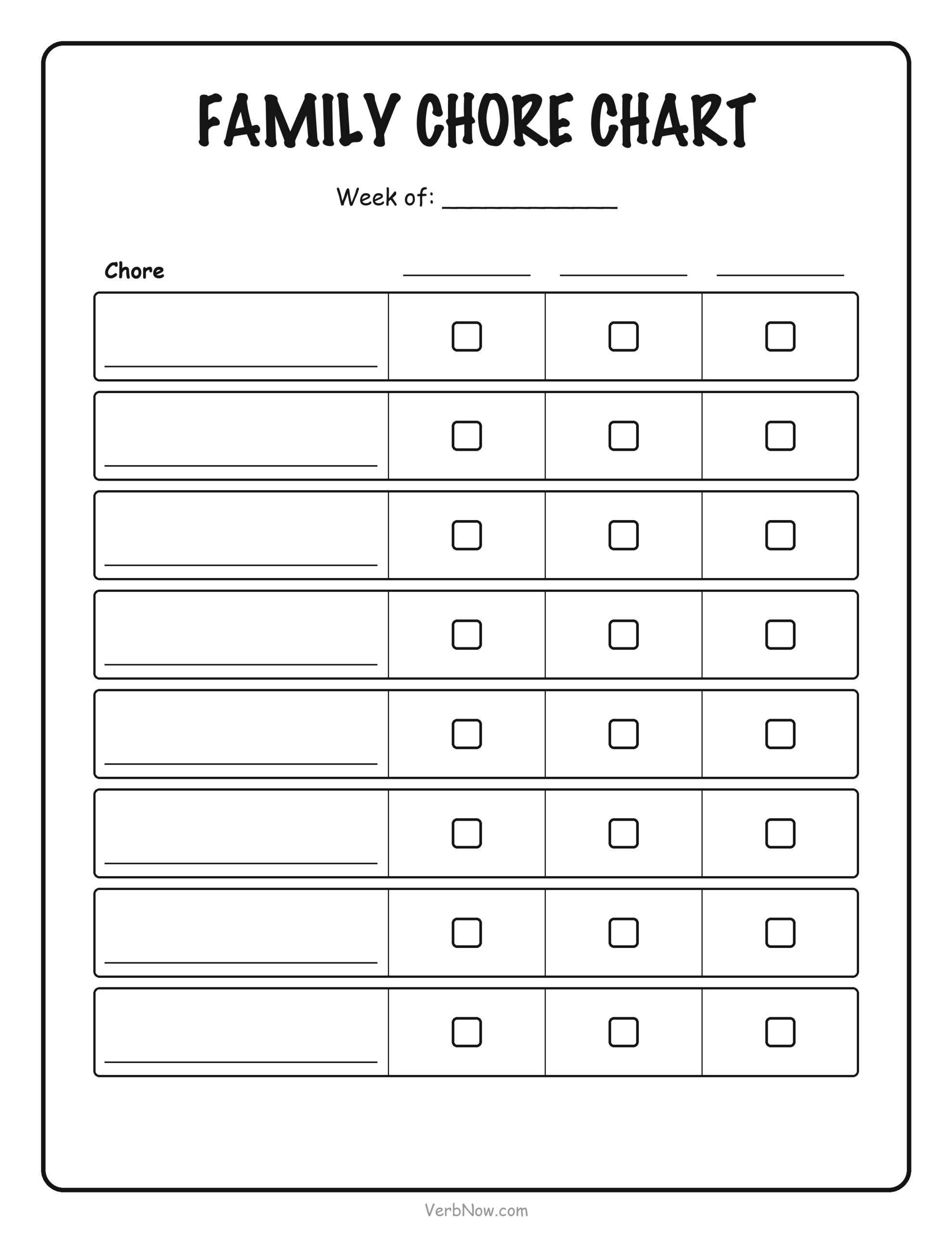 9 Free Printable Chore Charts for Kids (Ages 2-12 + Blank) Family chore chart with three name columns