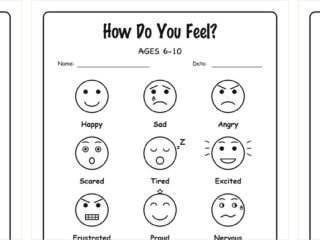 Preview of the printable feelings chart pack: six-face preschool chart, twelve-feeling chart and the one to five scale