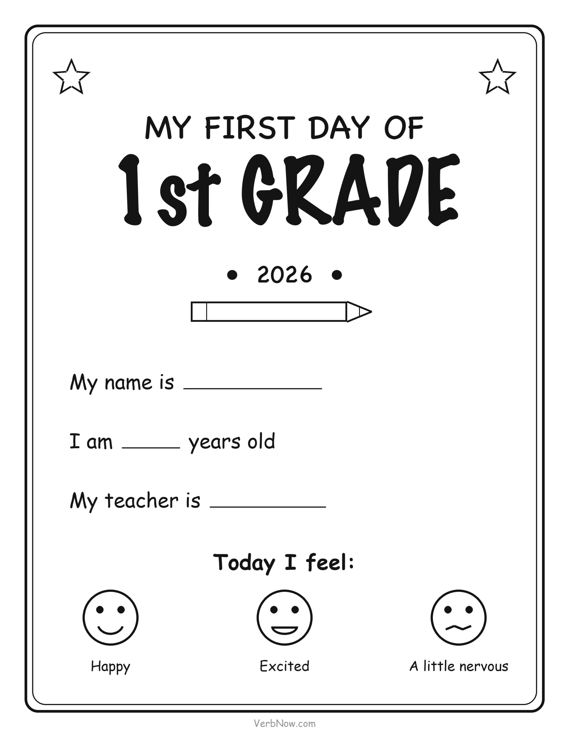 20 Free Back to School Printables (Signs, Checklists & Coloring) First day of 1st Grade sign with name, age and teacher lines