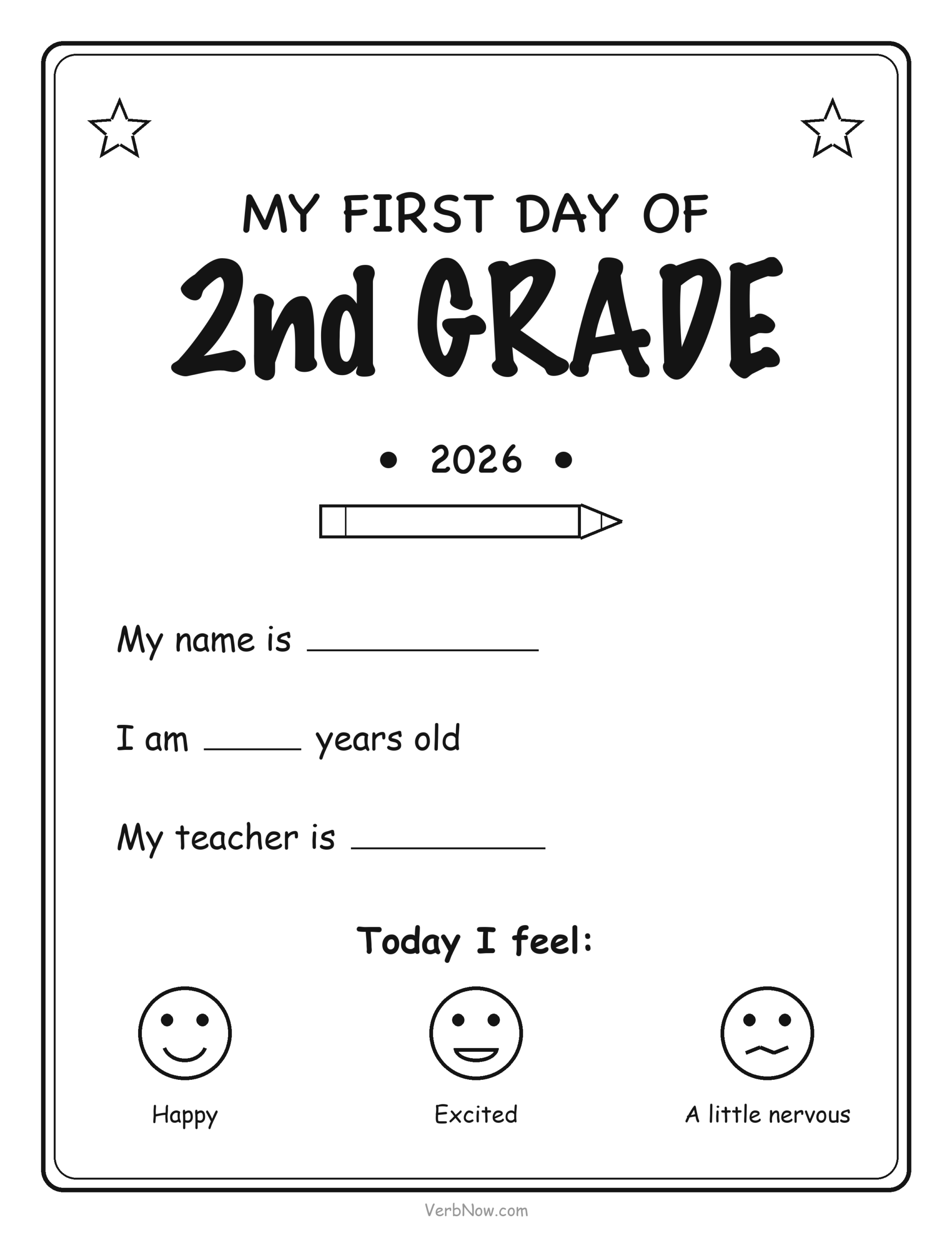 20 Free Back to School Printables (Signs, Checklists & Coloring) First day of 2nd Grade sign with name, age and teacher lines