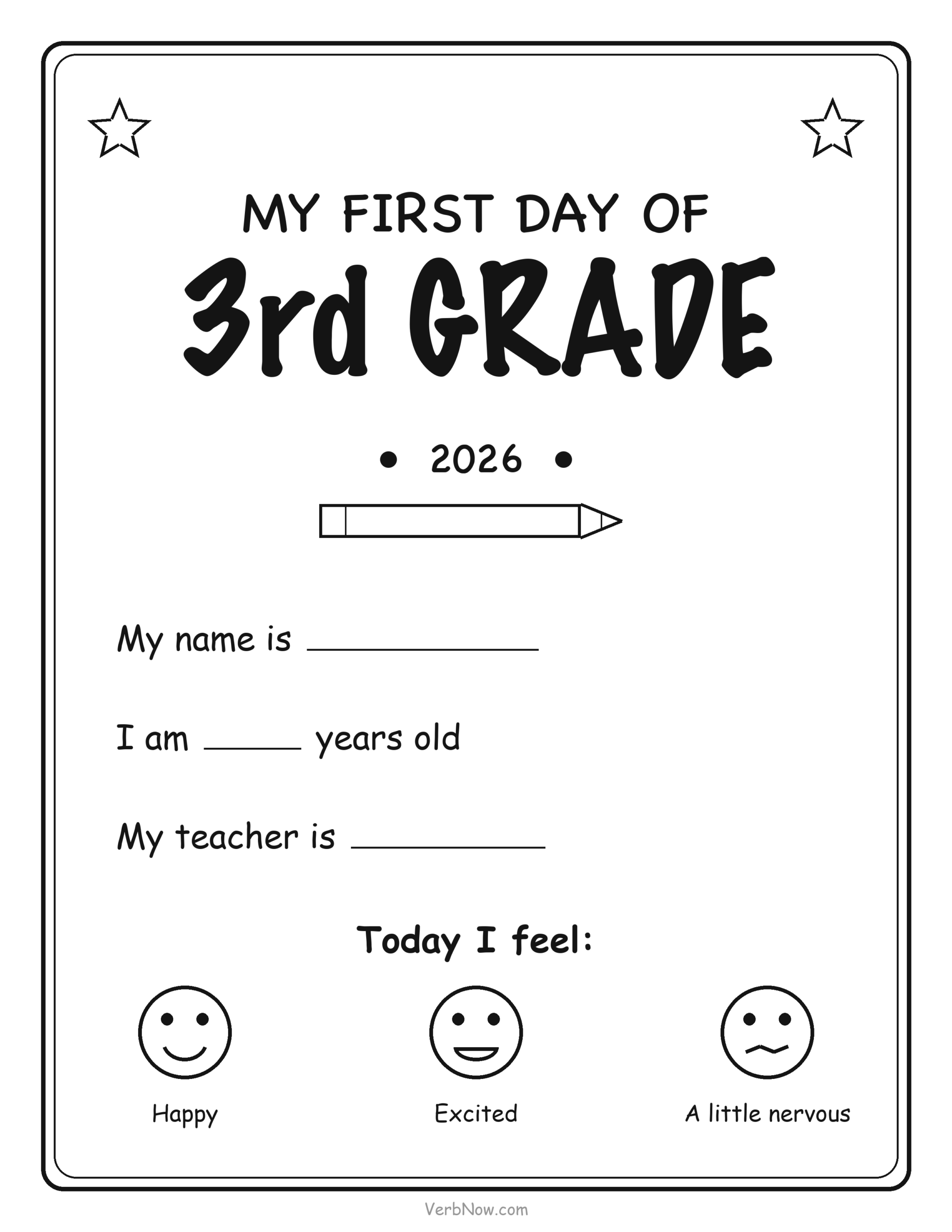20 Free Back to School Printables (Signs, Checklists & Coloring) First day of 3rd Grade sign with name, age and teacher lines