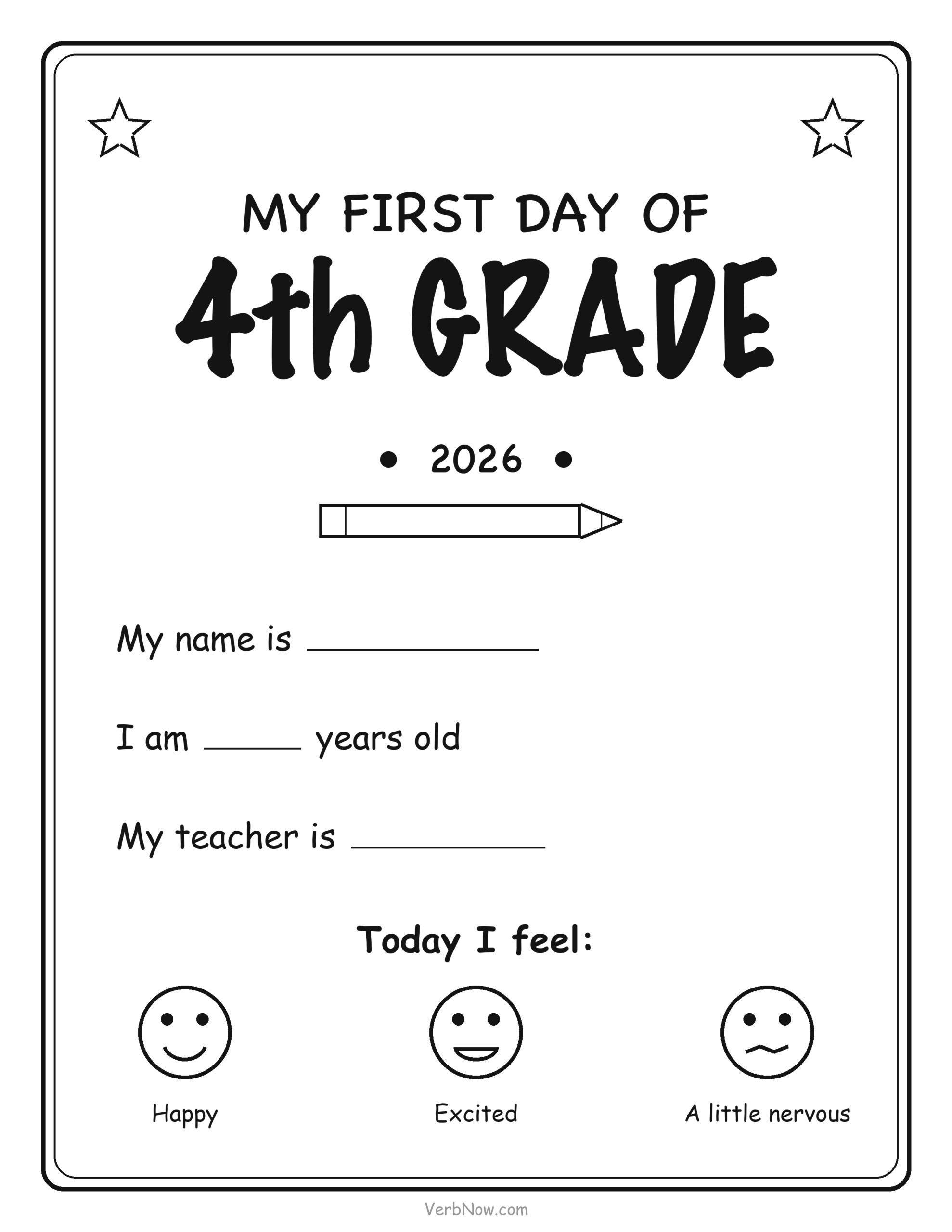 20 Free Back to School Printables (Signs, Checklists & Coloring) First day of 4th Grade sign with name, age and teacher lines