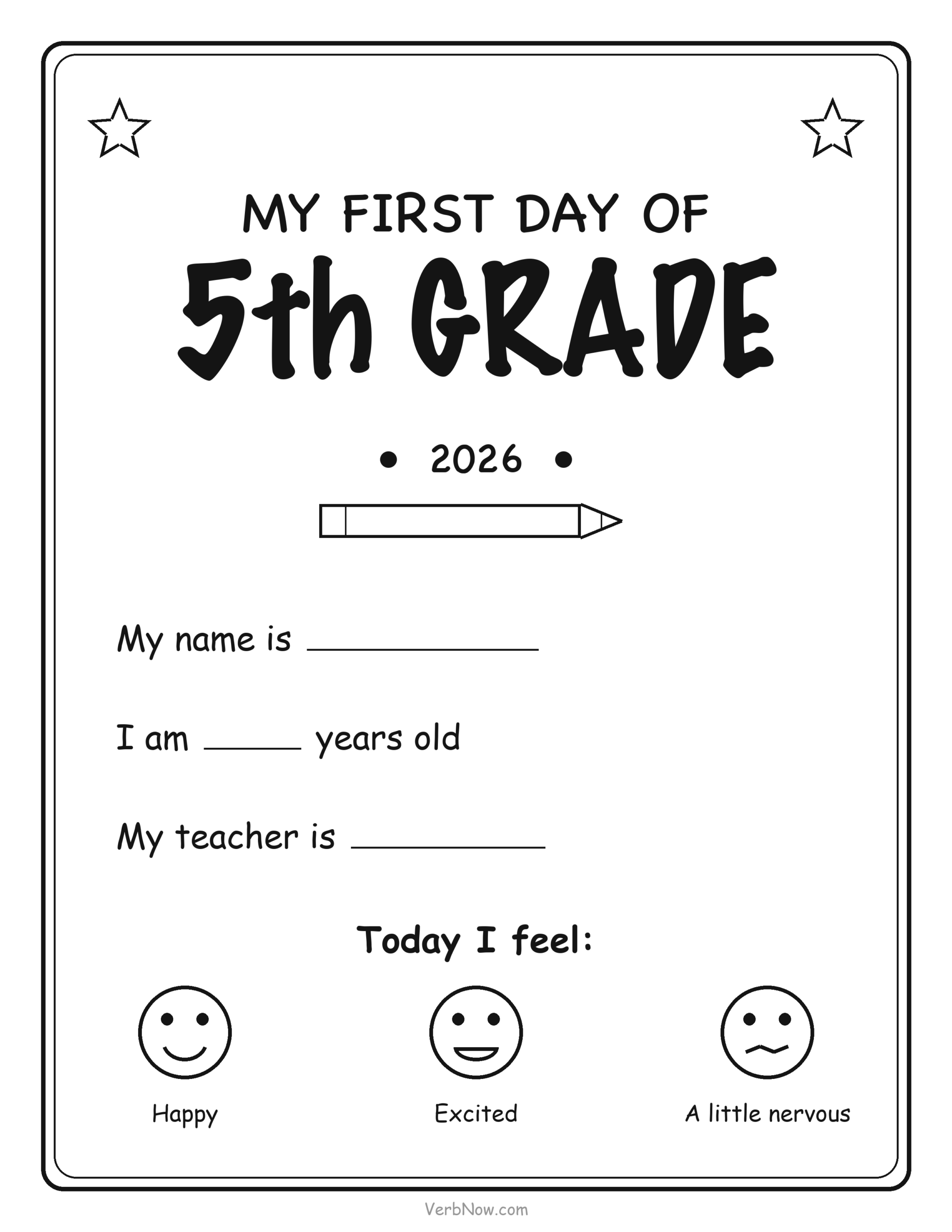 20 Free Back to School Printables (Signs, Checklists & Coloring) First day of 5th Grade sign with name, age and teacher lines