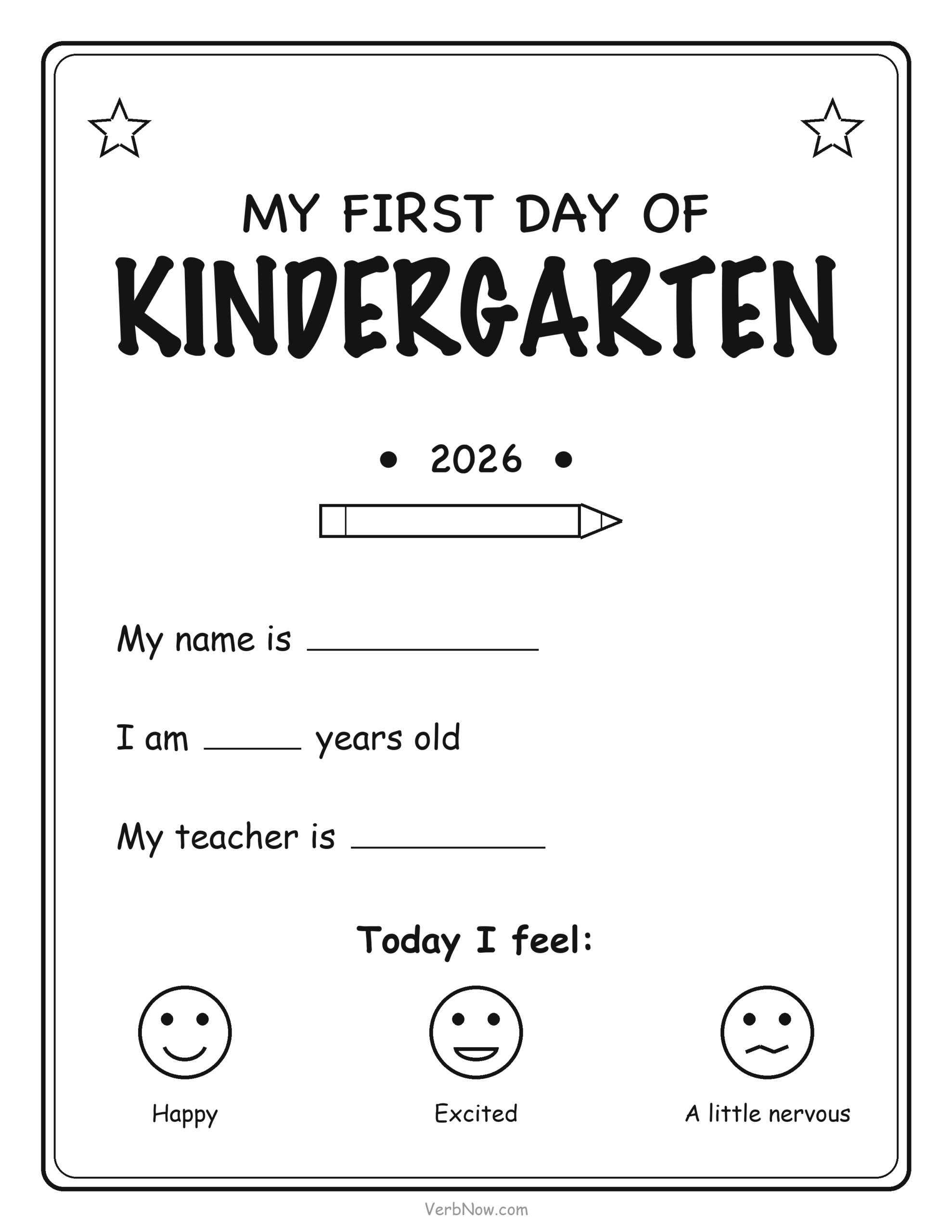 20 Free Back to School Printables (Signs, Checklists & Coloring) First day of Kindergarten sign with name, age and teacher lines