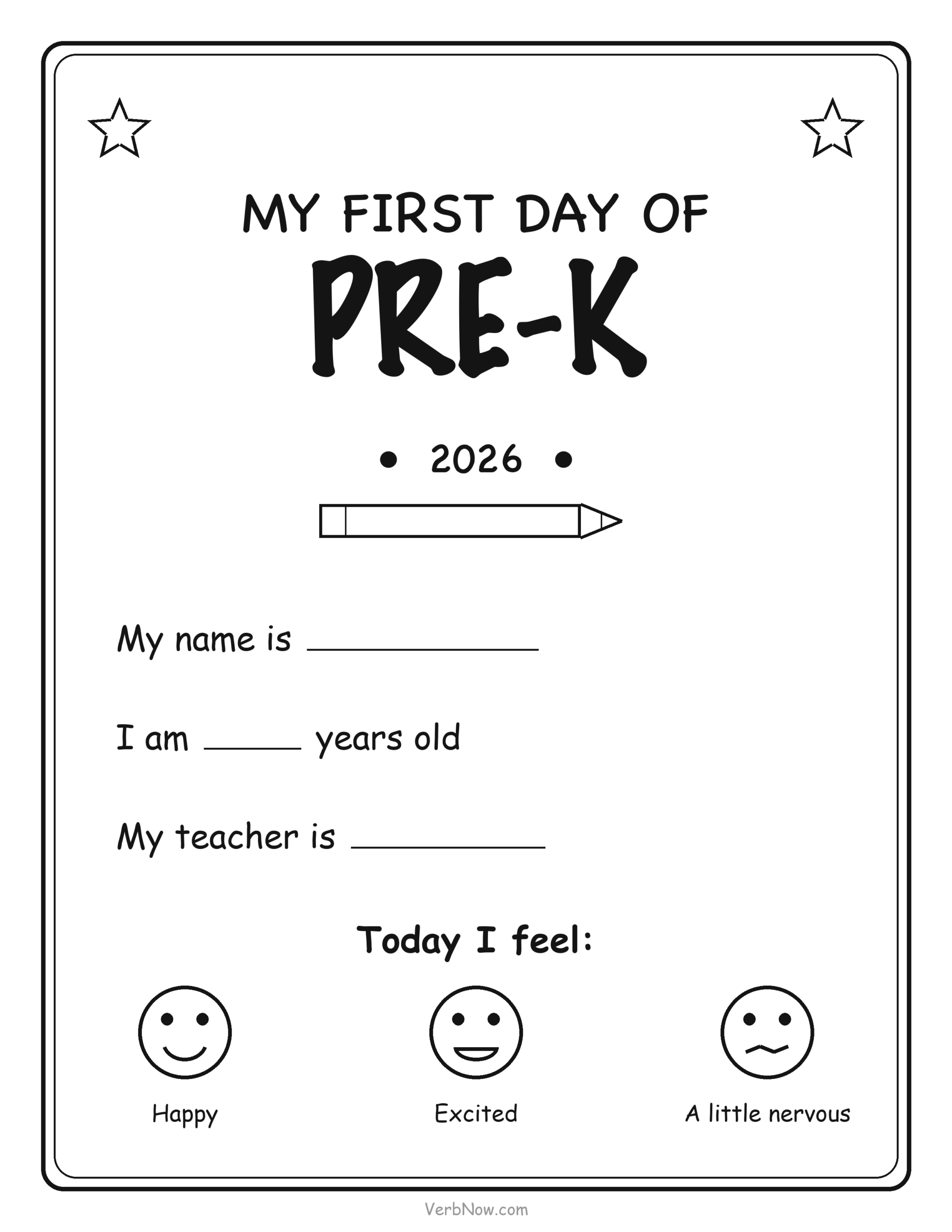 20 Free Back to School Printables (Signs, Checklists & Coloring) First day of Pre-K sign with name, age and teacher lines