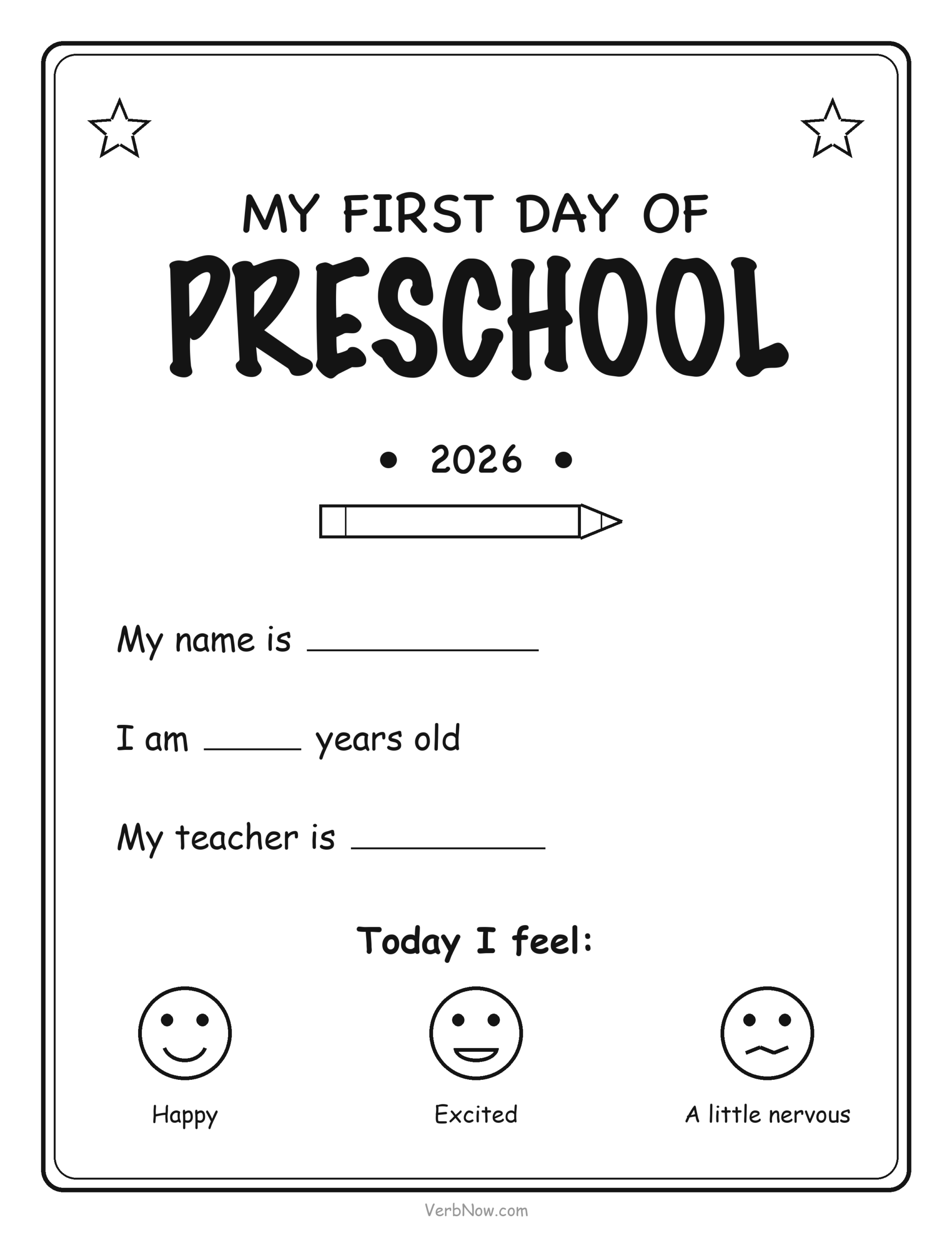 20 Free Back to School Printables (Signs, Checklists & Coloring) First day of Preschool sign with name, age and teacher lines