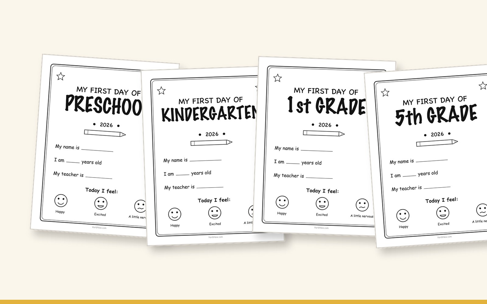 20 Free Back to School Printables (Signs, Checklists & Coloring) Four of the nine first day of school signs: preschool, kindergarten, 1st grade and 5th grade