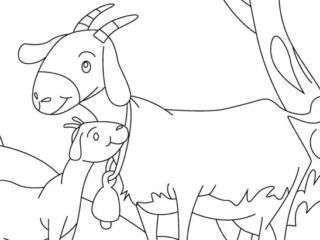 Goat coloring pages: farm goats with kids by the fence, wild mountain rams on rocky ledges, and a goat butting a troll off a bridge