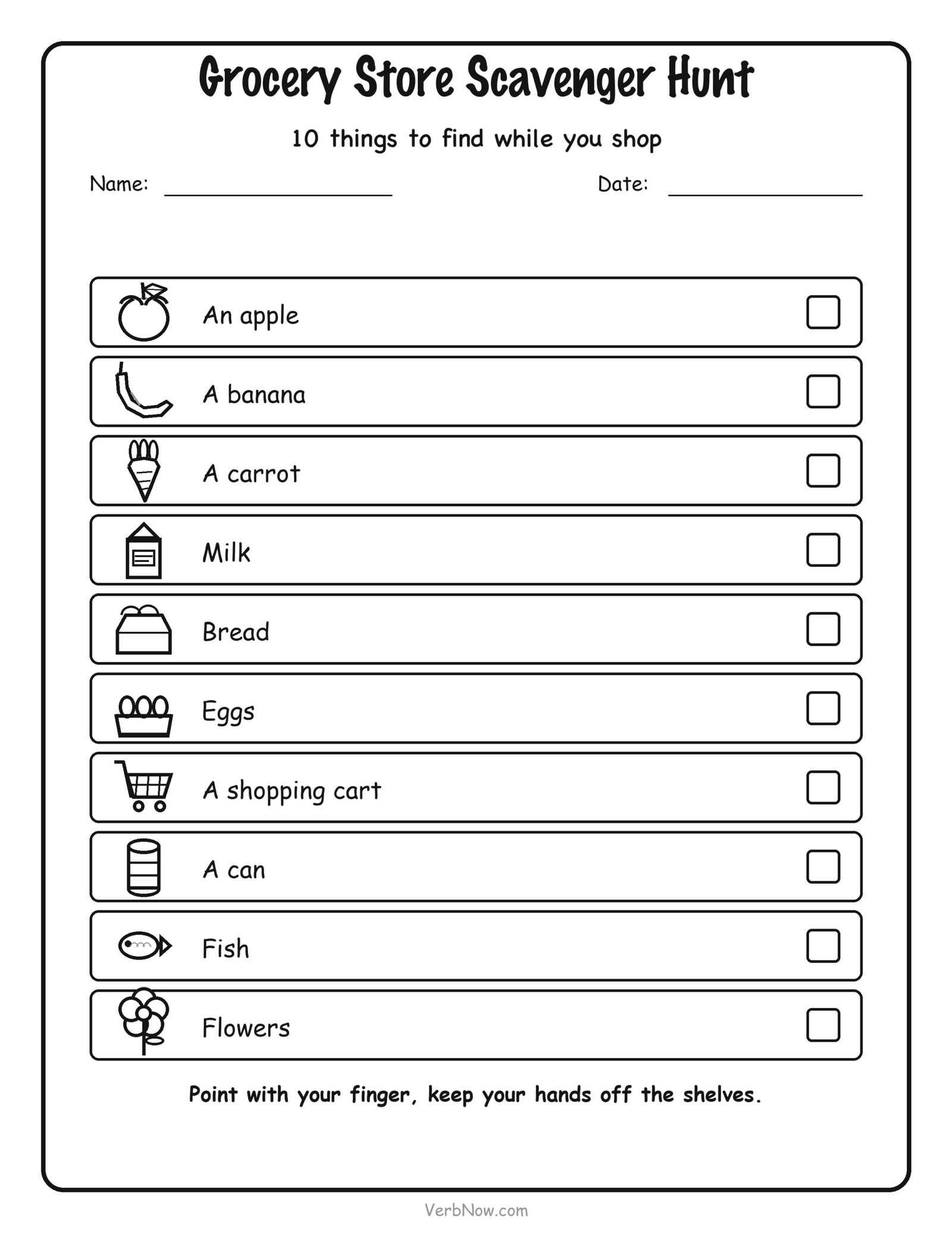 Free printable grocery store scavenger hunt with 10 items for kids to find while shopping