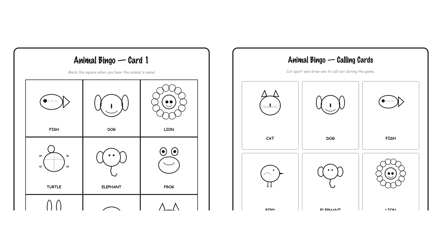 Free Animal Bingo Cards (5 Printable Cards + Calling Cards) Free printable animal bingo card and calling cards, 3 by 3 grid with 9 animals