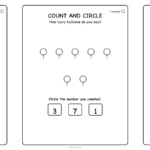 Three counting worksheets side by side: 3 stars, 7 balloons, and 10 fish, each with three numbers to circle