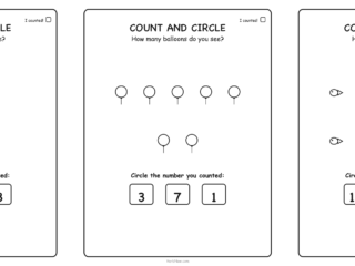 Three counting worksheets side by side: 3 stars, 7 balloons, and 10 fish, each with three numbers to circle