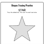 Three shape tracing worksheets side by side: circle, star, and hexagon, each with a large dashed outline to trace