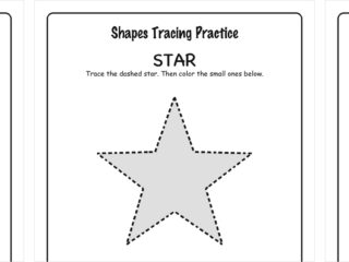 Three shape tracing worksheets side by side: circle, star, and hexagon, each with a large dashed outline to trace