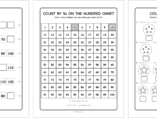 Three free skip counting worksheets side by side: count by 10s missing numbers, a count by 5s hundred chart, and a count the groups of 5 page