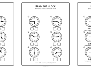 Three free telling time worksheets side by side: o clock level, quarter past and quarter to level, and a draw the hands page