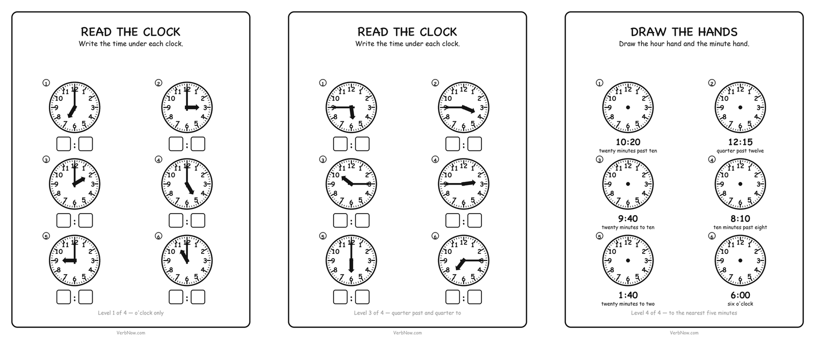 12 Free Telling Time Worksheets (Clock Pages for First Grade) Three free telling time worksheets side by side: o clock level, quarter past and quarter to level, and a draw the hands page