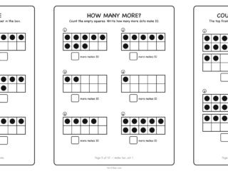 Three ten frame worksheets from the free VerbNow set side by side: a count-and-write page, a make-ten page, and a double ten frame page