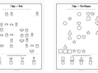 Two free I spy printables side by side, an I Spy Pets page and an I Spy Five Shapes page, each with scattered pictures and count-and-write boxes at the bottom
