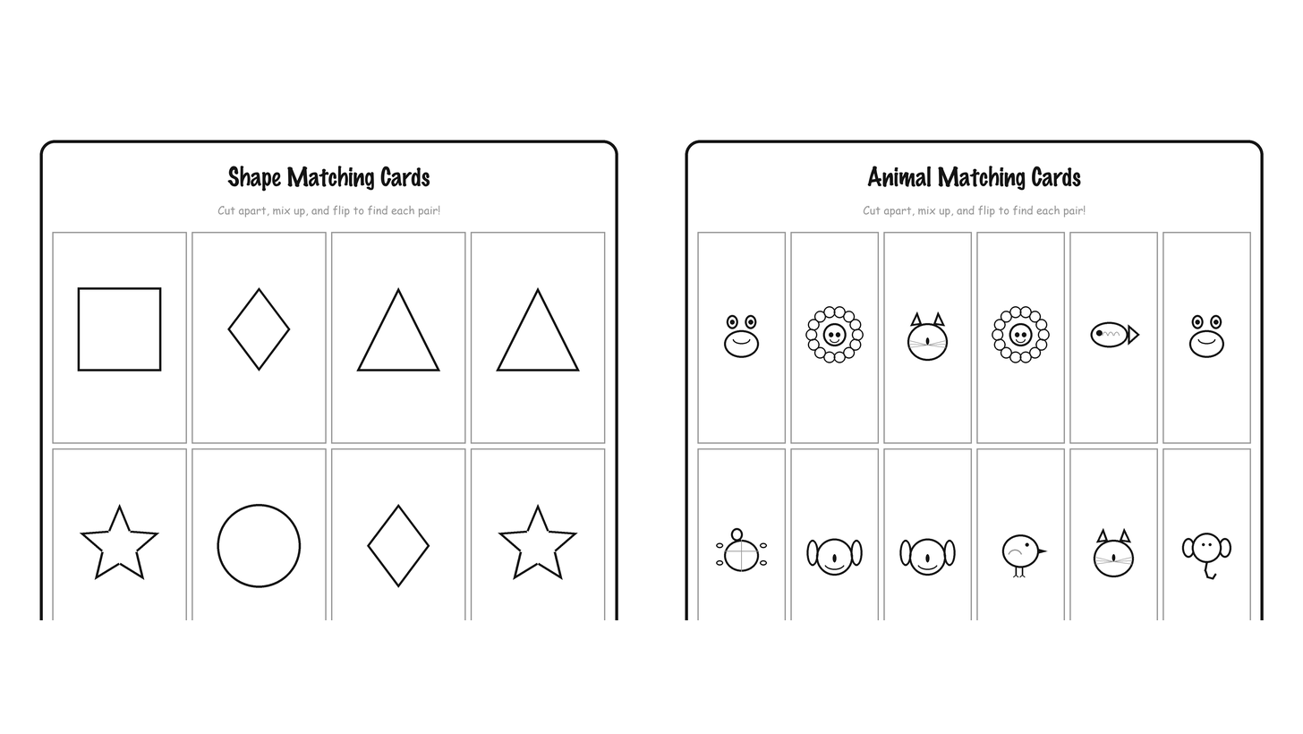 Free Printable Matching Games (3 Card Sets, Cut and Play) Free printable shape and animal matching game cards, cut apart and flip to find pairs