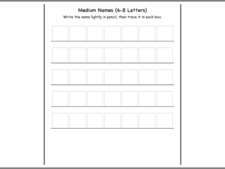 Blank name tracing template with rows of dashed boxes, free printable