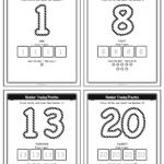 Collage of four number tracing worksheet pages (1, 8, 13, 20) showing the dashed outline number, write-it-again boxes, and counting dots on each