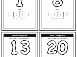 Collage of four number tracing worksheet pages (1, 8, 13, 20) showing the dashed outline number, write-it-again boxes, and counting dots on each