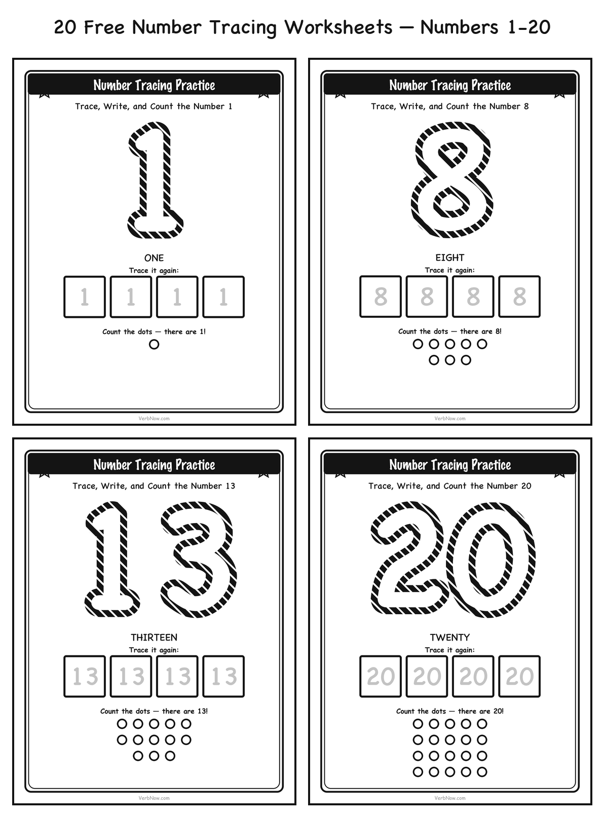 20 Free Number Tracing Worksheets (Numbers 1-20) Collage of four number tracing worksheet pages (1, 8, 13, 20) showing the dashed outline number, write-it-again boxes, and counting dots on each