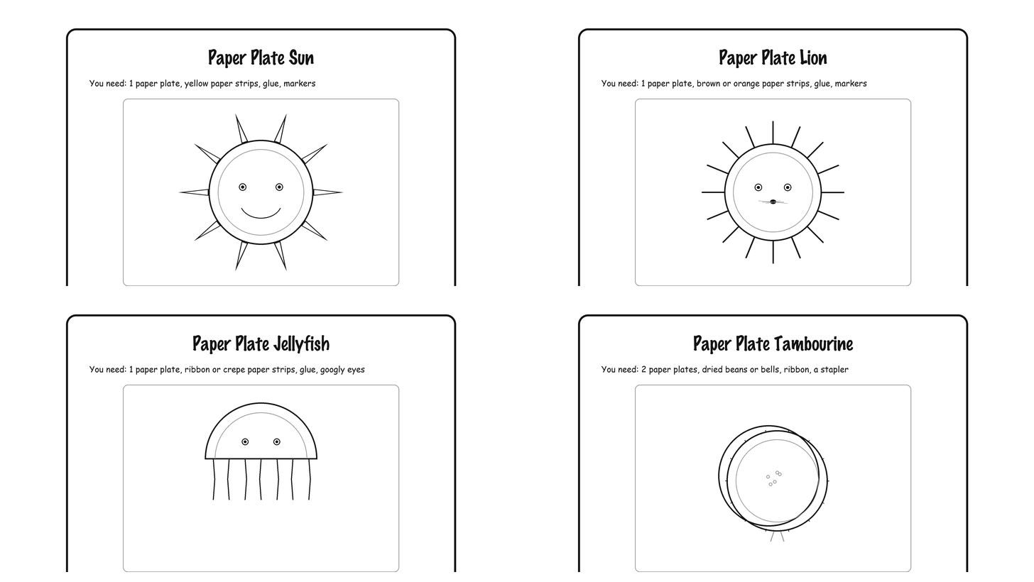 Step-by-step diagrams for paper plate sun, lion, jellyfish, and tambourine crafts, free printable instructions