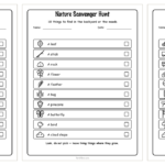 Three free printable scavenger hunts for kids side by side: indoor rainy day, backyard nature, and road trip