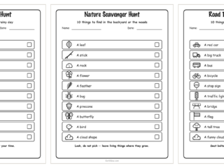 Three free printable scavenger hunts for kids side by side: indoor rainy day, backyard nature, and road trip