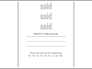 Sight word tracing and practice worksheet for the word said, free printable