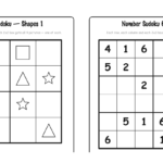 Two free printable sudoku pages for kids side by side, a 4x4 shape picture sudoku and a 6x6 number sudoku