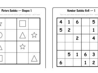 Two free printable sudoku pages for kids side by side, a 4x4 shape picture sudoku and a 6x6 number sudoku