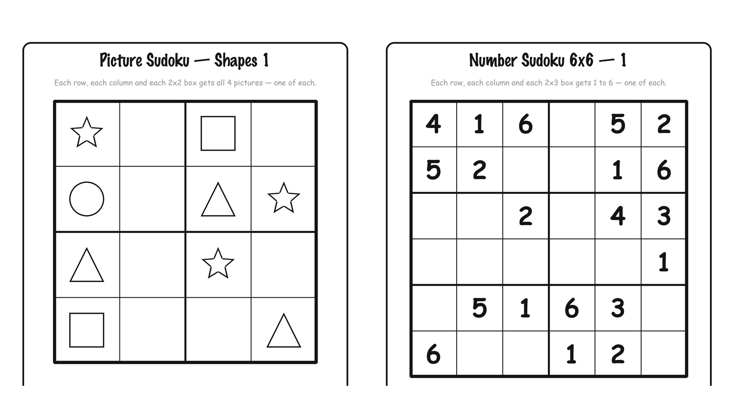 12 Free Printable Sudoku for Kids (4x4 Picture and Number Puzzles) Two free printable sudoku pages for kids side by side, a 4x4 shape picture sudoku and a 6x6 number sudoku